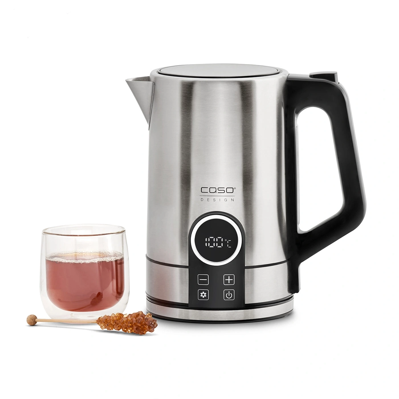 Stainless steel kettle with glass, tea, and sugar stick. Modern design.