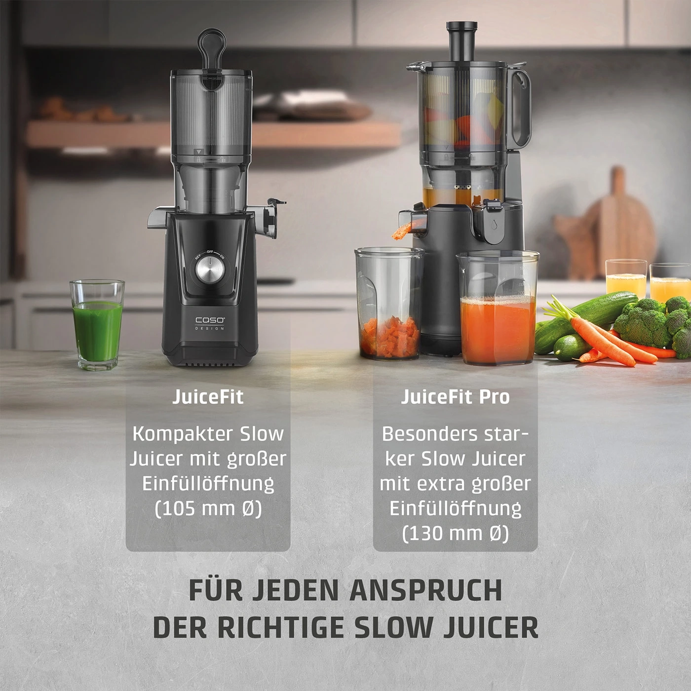 Zwei Caso Slow Juicer Modelle, JuiceFit und JuiceFit Pro, mit verschiedenen Einfüllöffnungen und Säften.