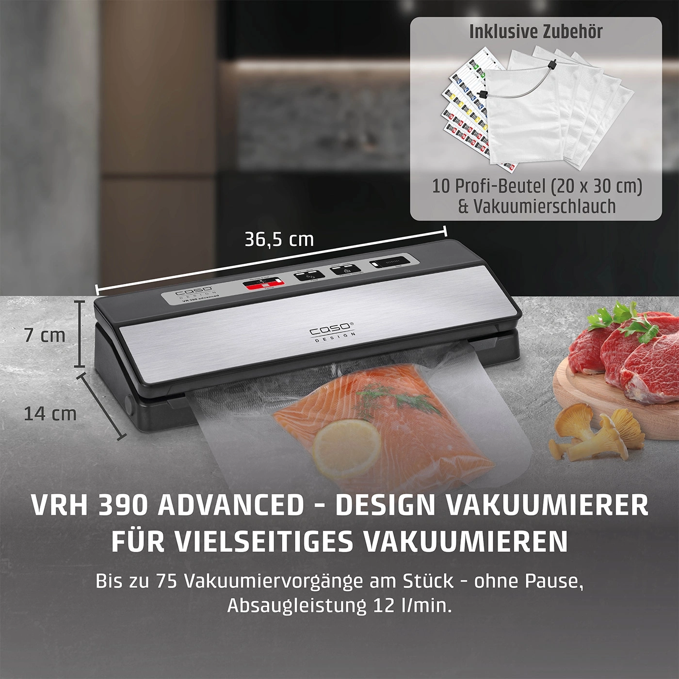 Vakuumierer mit Zubehör, Abmessungen und Text. Geeignet für vielseitiges Vakuumieren.