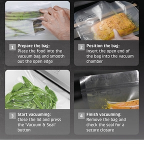 Vacuum process: food in bag, position, start vacuum, close and check seal. 
