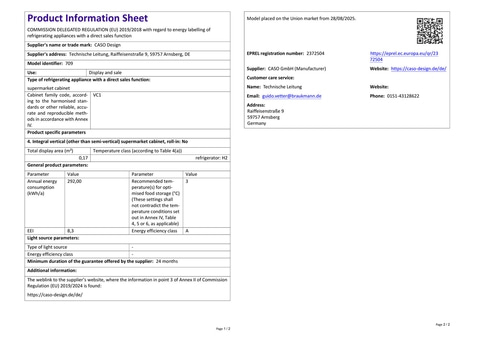 Product information sheet for refrigerated display cabinets with direct sales function from CASO Design.