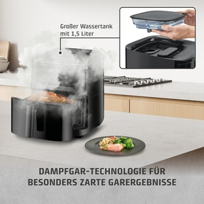 AirFry & Steam 700 3 cooking methods in one appliance - steam cooking, hot air frying or in combination Steamer with large water tank and tender cooking results. Food on a plate.