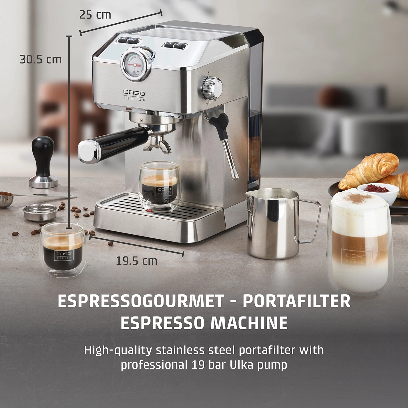 Espresso machine with accessories, dimensions, and text. Stainless steel, Caso Design, 19 bar.