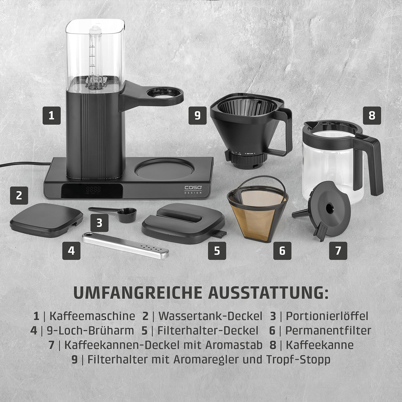 Kaffeemaschine mit Zubehör auf grauem Hintergrund, nummeriert