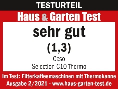 Testurteil: Sehr gut für Caso Selection C10 Thermo. Haus & Garten Test, Ausgabe 2/2021.
