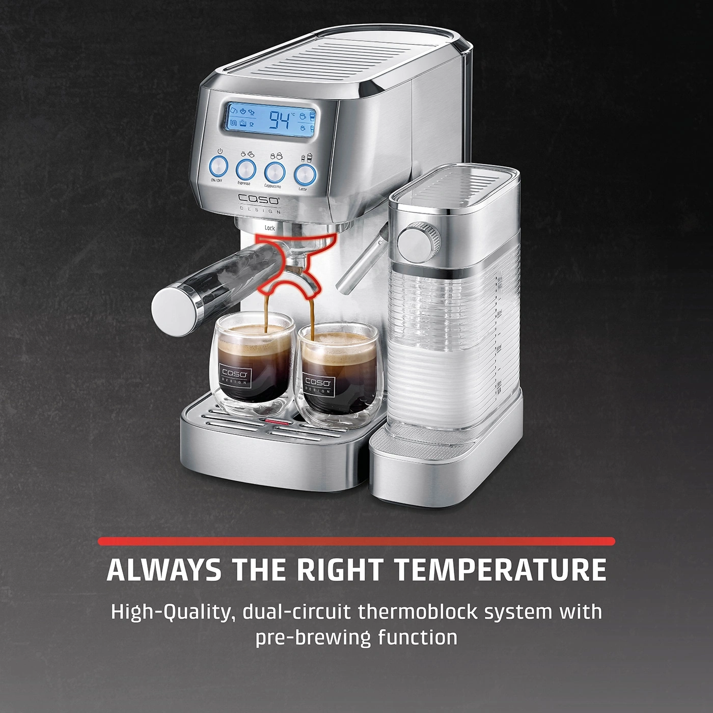 Espresso machine with temperature display and two cups of coffee, COSO Design.
