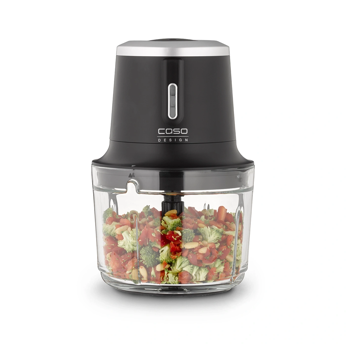 Black kitchen blender with vegetables, Caso Design, glass container, isolated