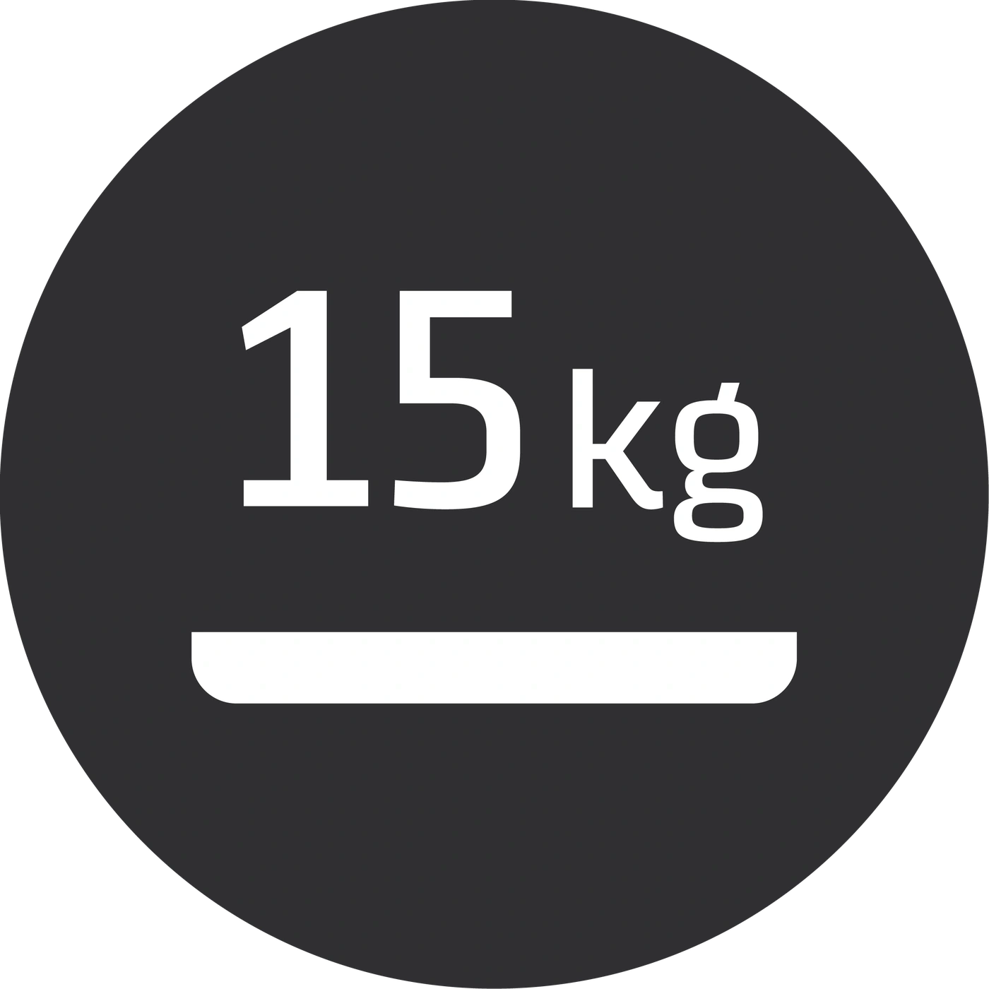 Weight symbol with the inscription 15 kg and a white bar below on a black background.