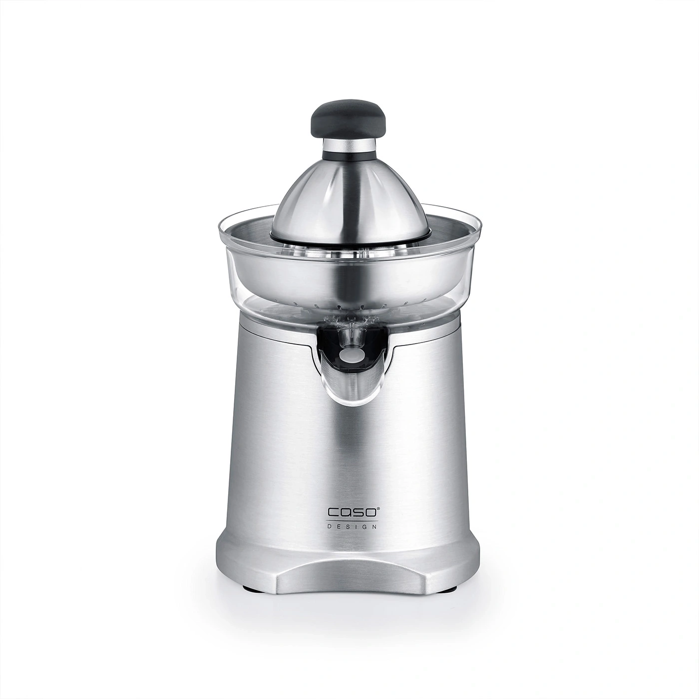 A silver citrus juicer by Caso Design on a white background.