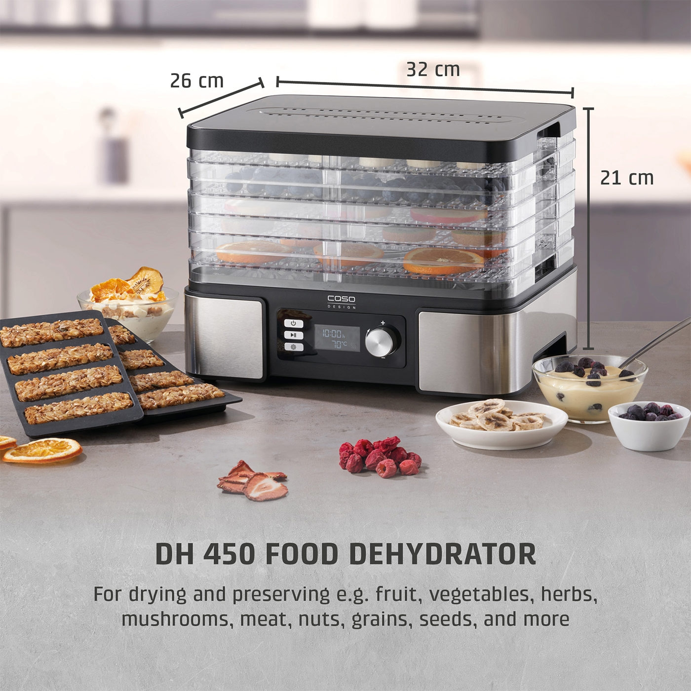Food dehydrator with fruits and vegetables, 26 cm x 32 cm x 21 cm, DH 450