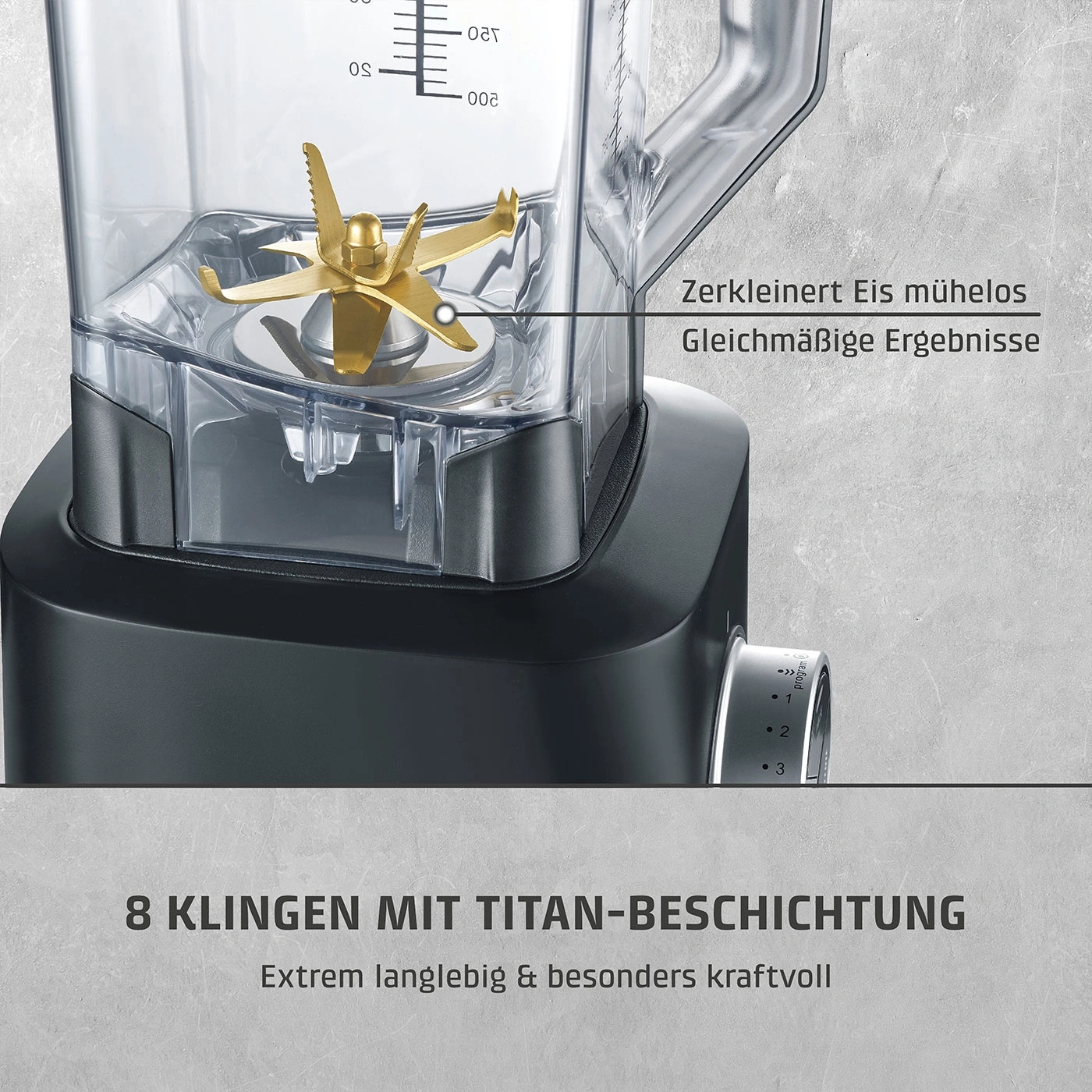 Ein Mixer mit 8 Klingen mit Titanbeschichtung, der Eis mühelos zerkleinert.