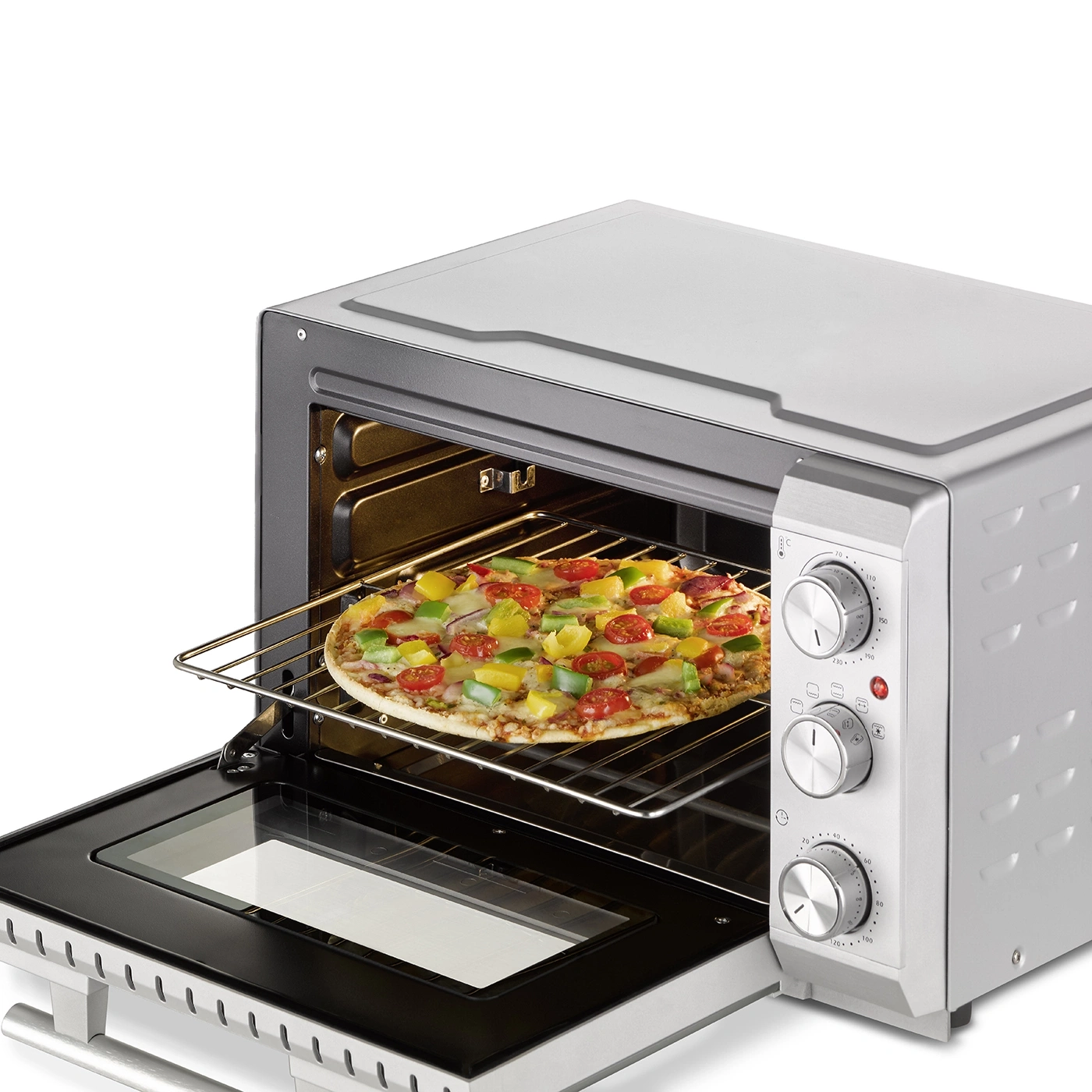 Ein Ofen mit Pizza, die gebacken wird. Der Ofen ist offen.