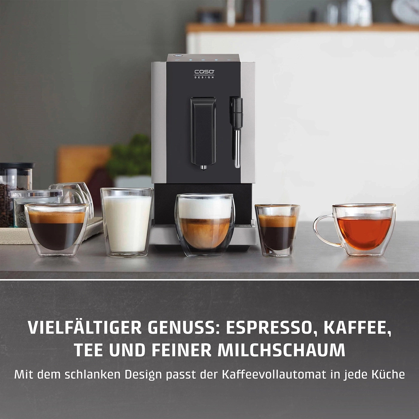 Kaffeemaschine mit verschiedenen Getränken: Espresso, Kaffee, Tee und Milchschaum.