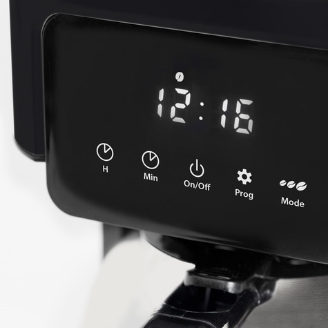 Coffee machine with digital display showing 12:16, function buttons for settings and mode.