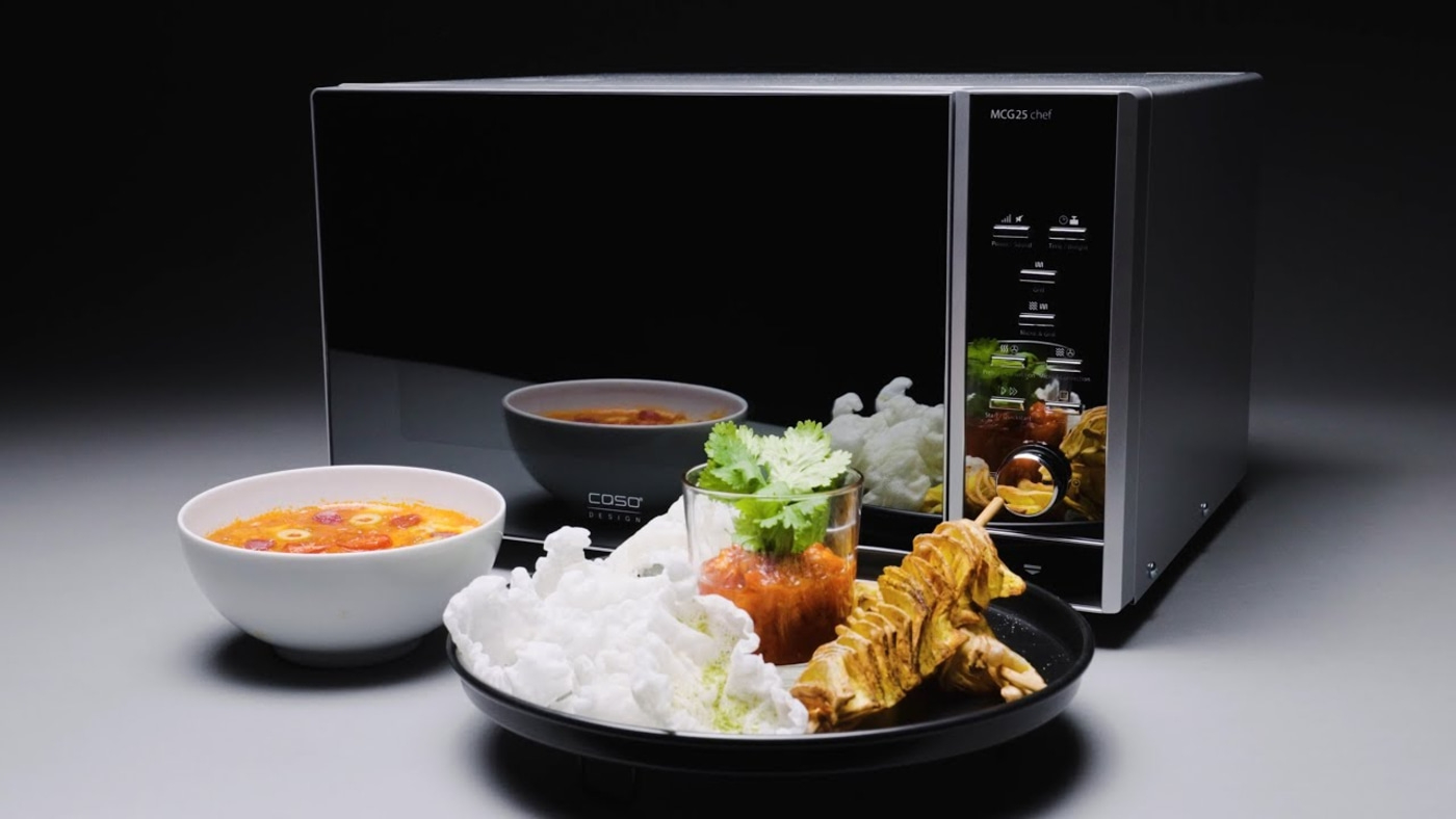 Microwave with food, plate, bowl, glass, dish, kitchen, cooking, meal, cuisine, food