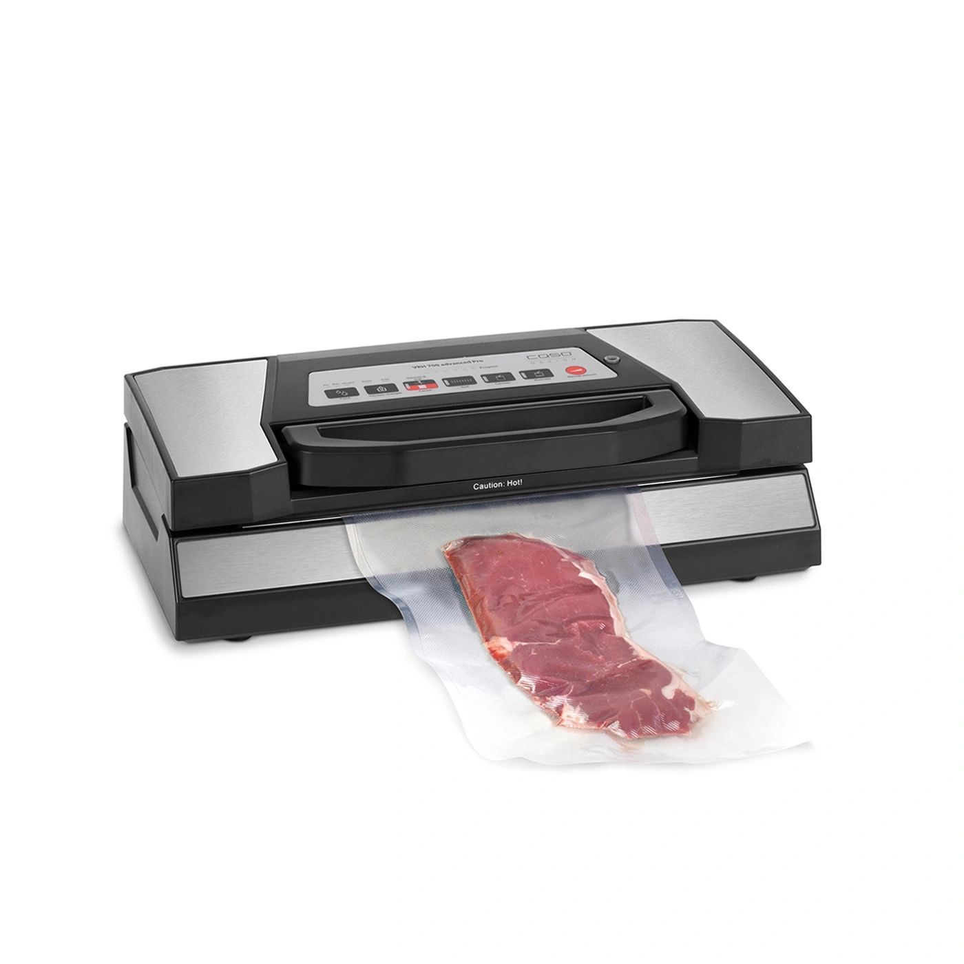 A vacuum sealer machine is sealing a piece of raw meat in a plastic bag.