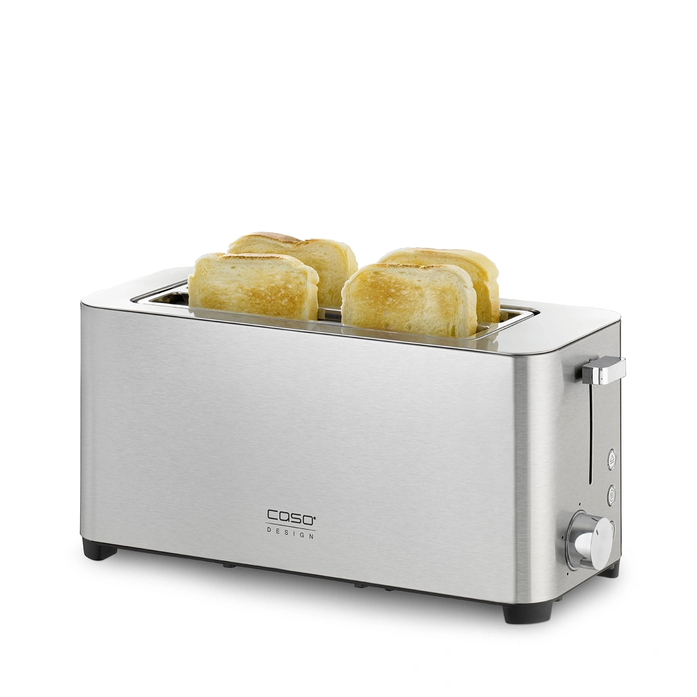 Ein silberner Toaster mit vier Toastbrotscheiben, die herausragen.