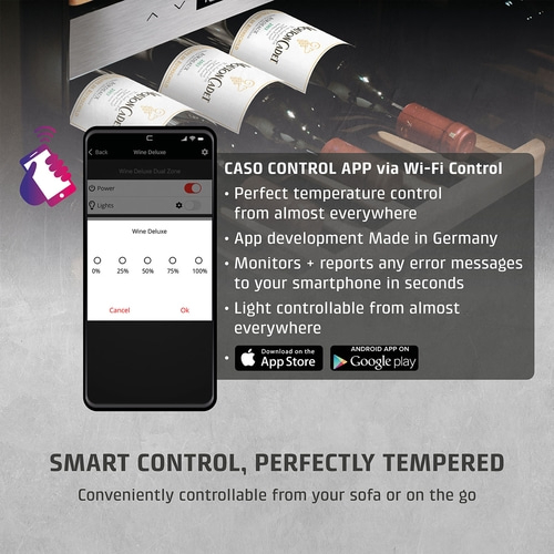 Smartphone app controlling wine cooler, temperature, light, Wi-Fi, App Store, Google Play, smart control