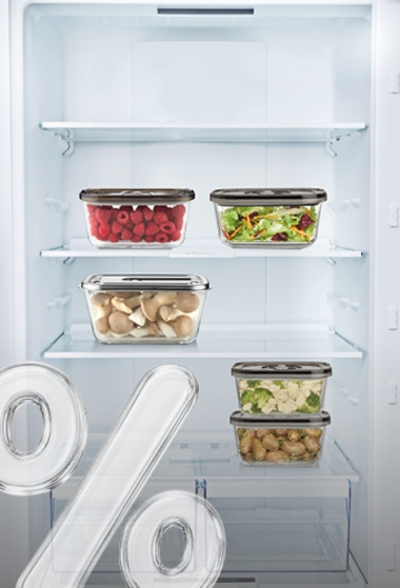 Fresh food stored in containers inside a refrigerator