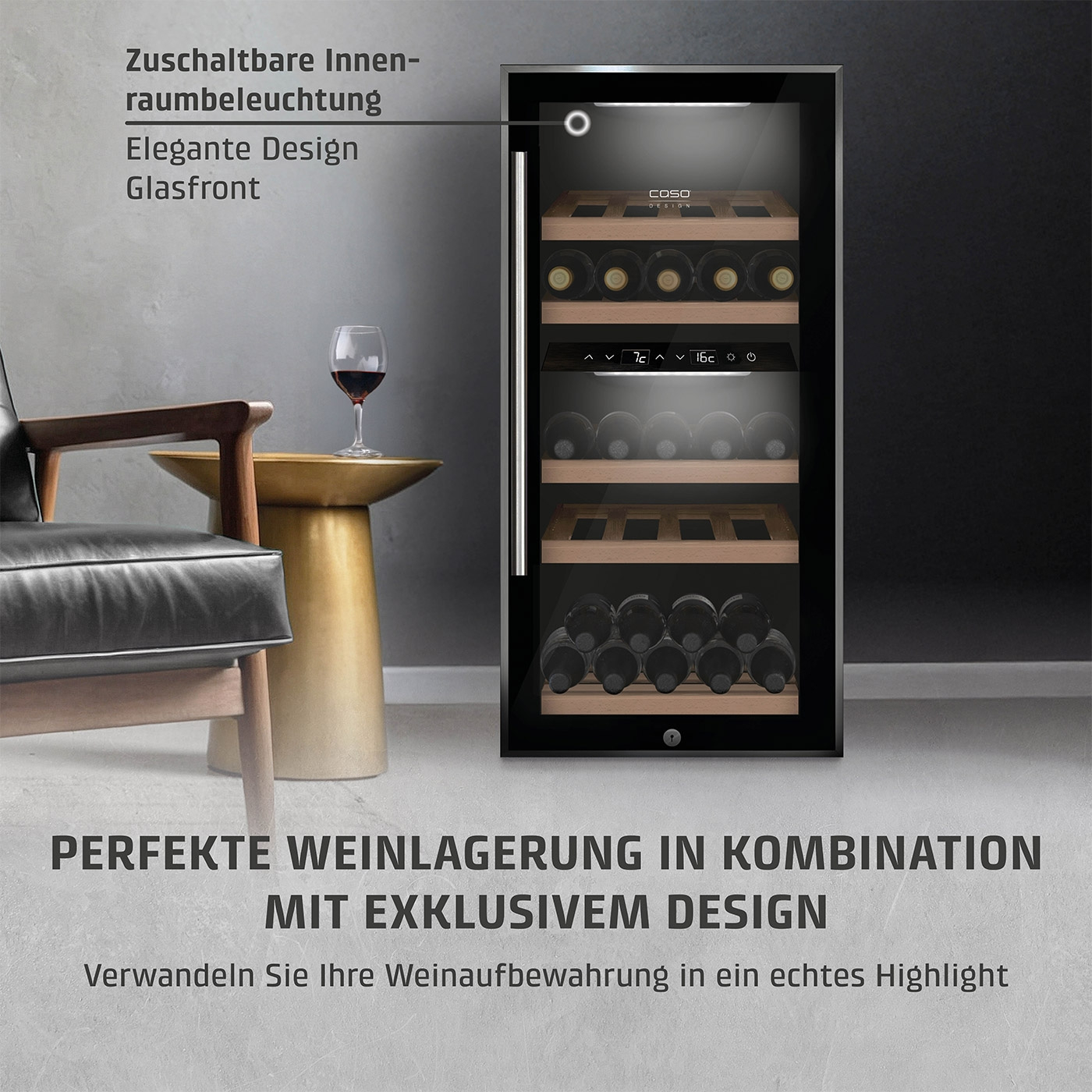 Weinkühlschrank mit Glasfront, elegante Design, perfekte Weinlagerung, Innenraumbeleuchtung.