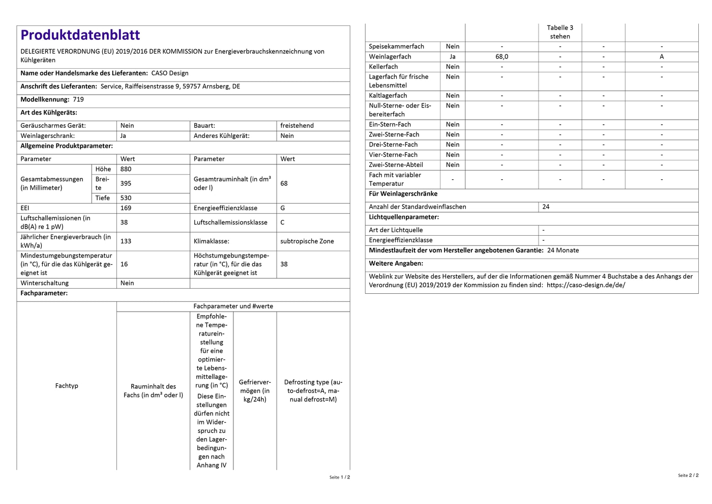 Produktdatenblatt mit technischen Daten zu Kühlgeräten, einschließlich Energieeffizienz und Abmessungen.