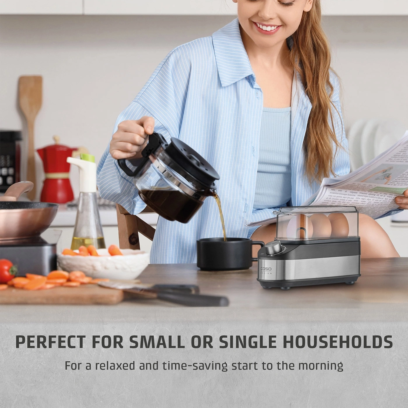 Woman pouring coffee next to an egg cooker and vegetables.