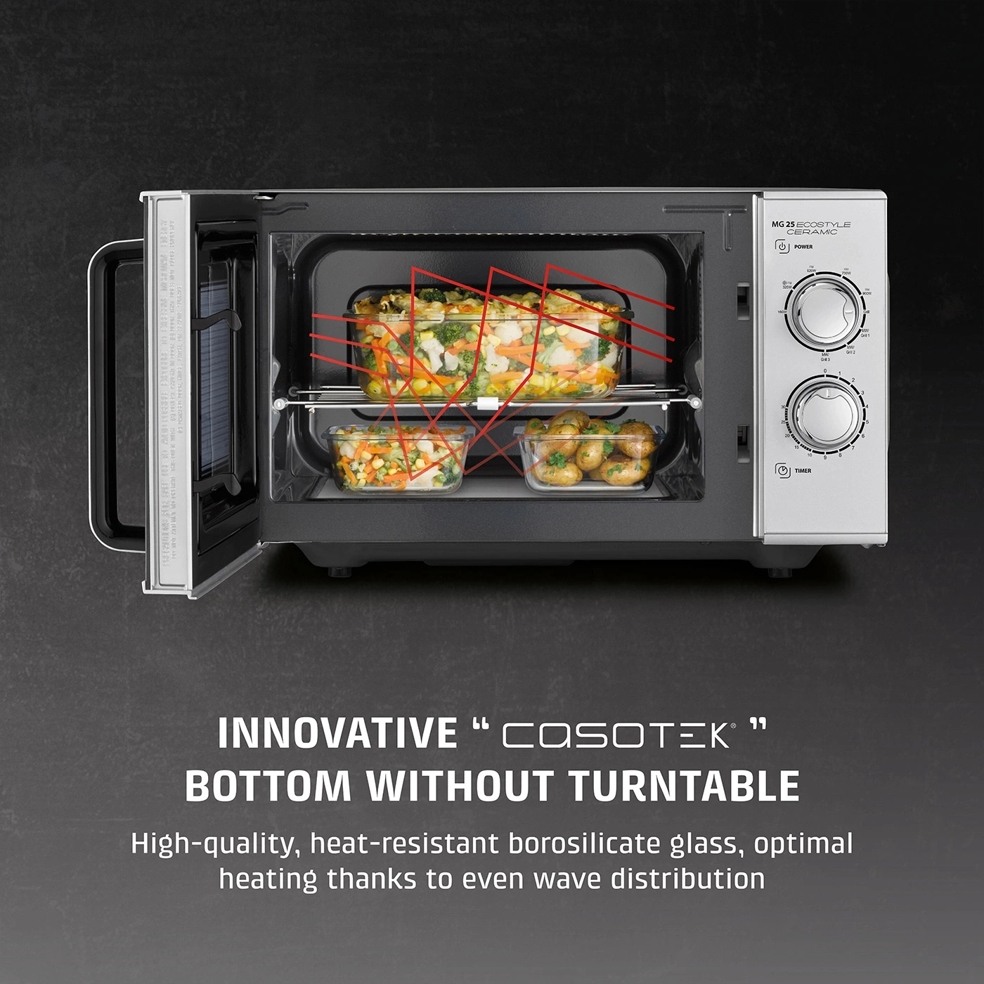 Microwave with borosilicate glass and microwave reflector for even heating.