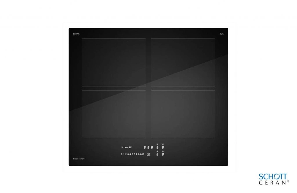 A modern black ceramic glass cooktop with four cooking zones and a touch control panel.