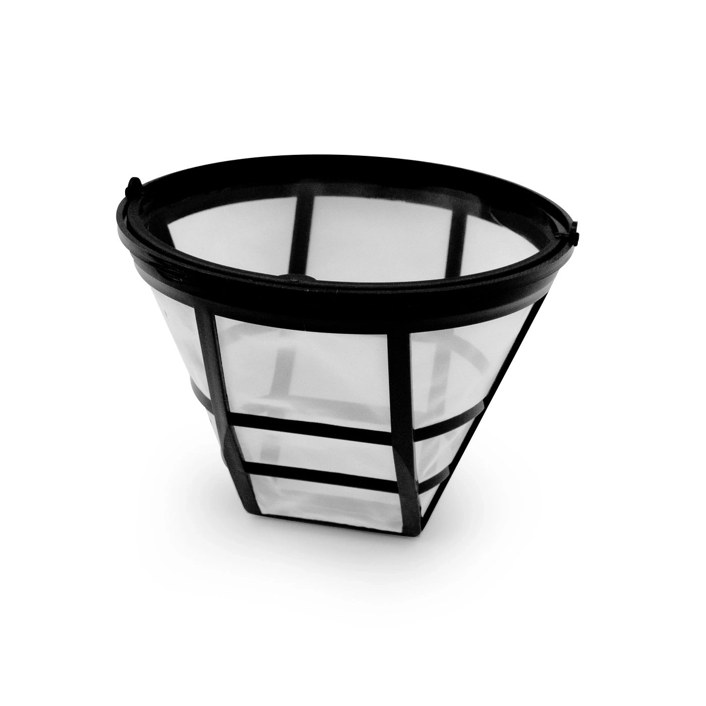 Coffee filter made of plastic with black frame and white mesh