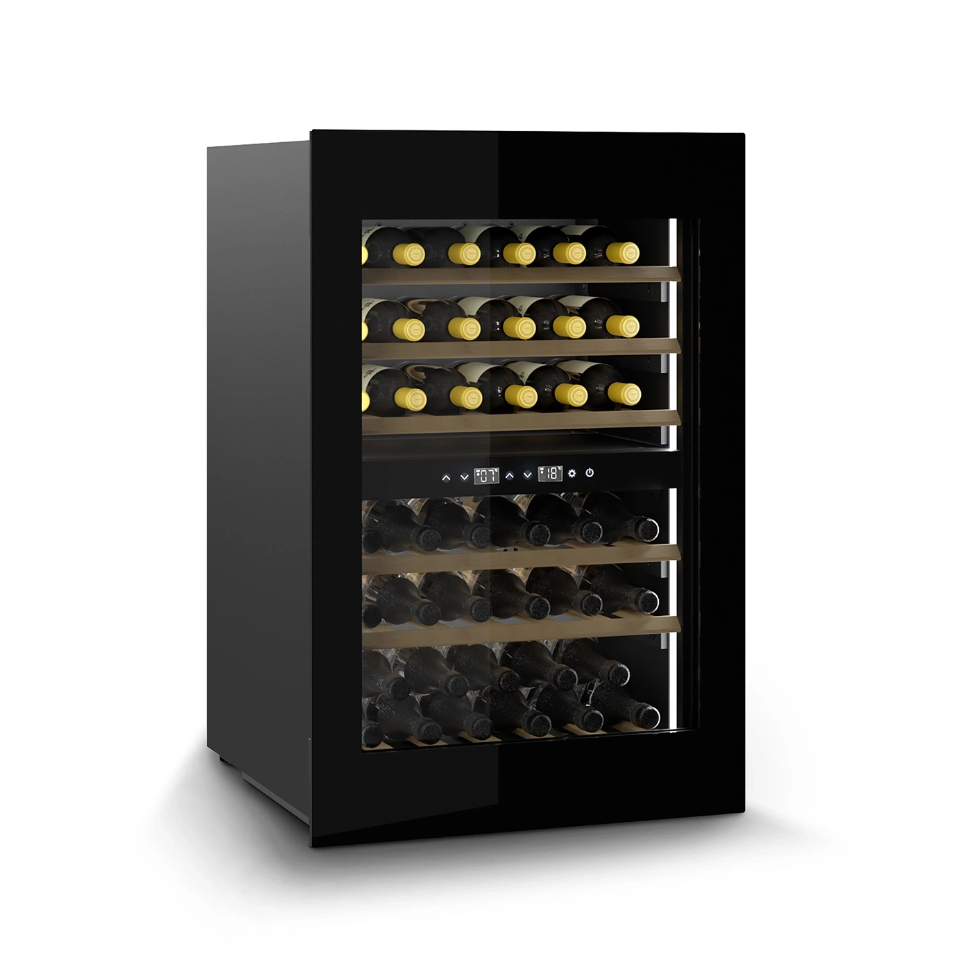 Black wine cooler with bottles, temperature display, and wooden shelves.