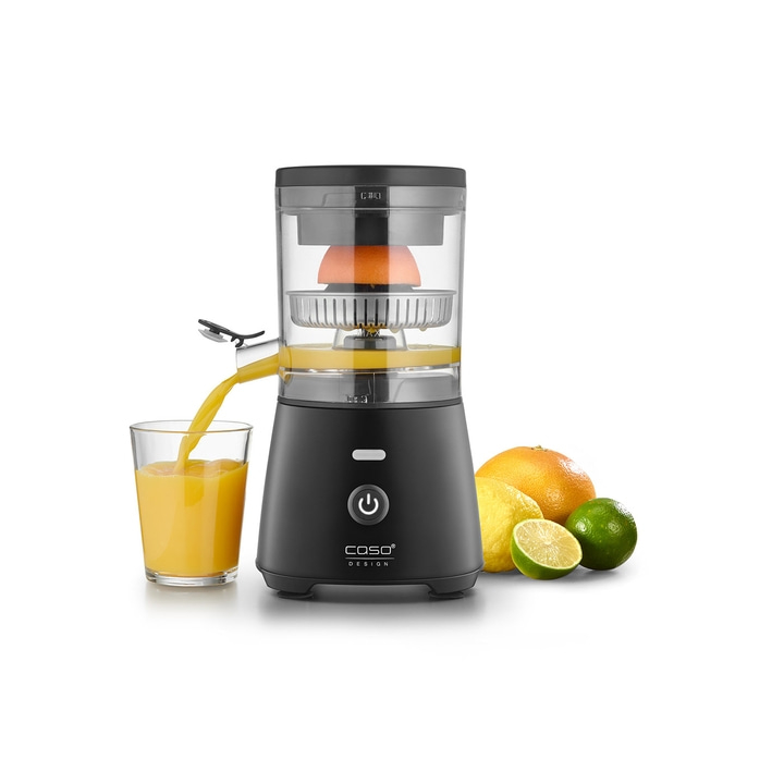 Electric juicer with glass, oranges and citrus fruits, black design