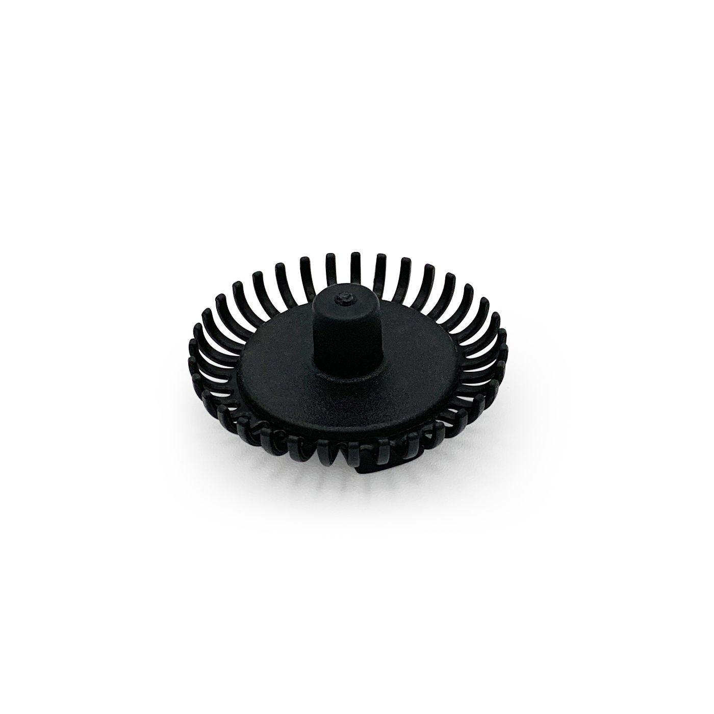 Black object with round teeth and a central cylinder on a white background.