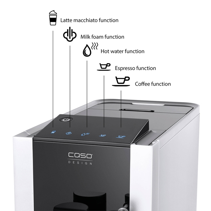 Coffee machine with functions: latte macchiato, milk foam, hot water, espresso, coffee.