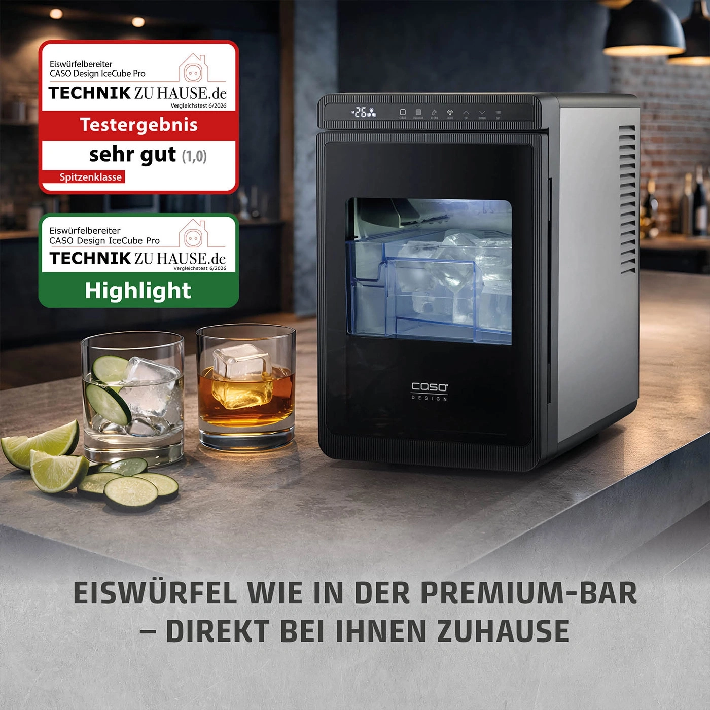 Eiswürfelmaschine für Eiswürfel wie in der Premium-Bar zu Hause.
