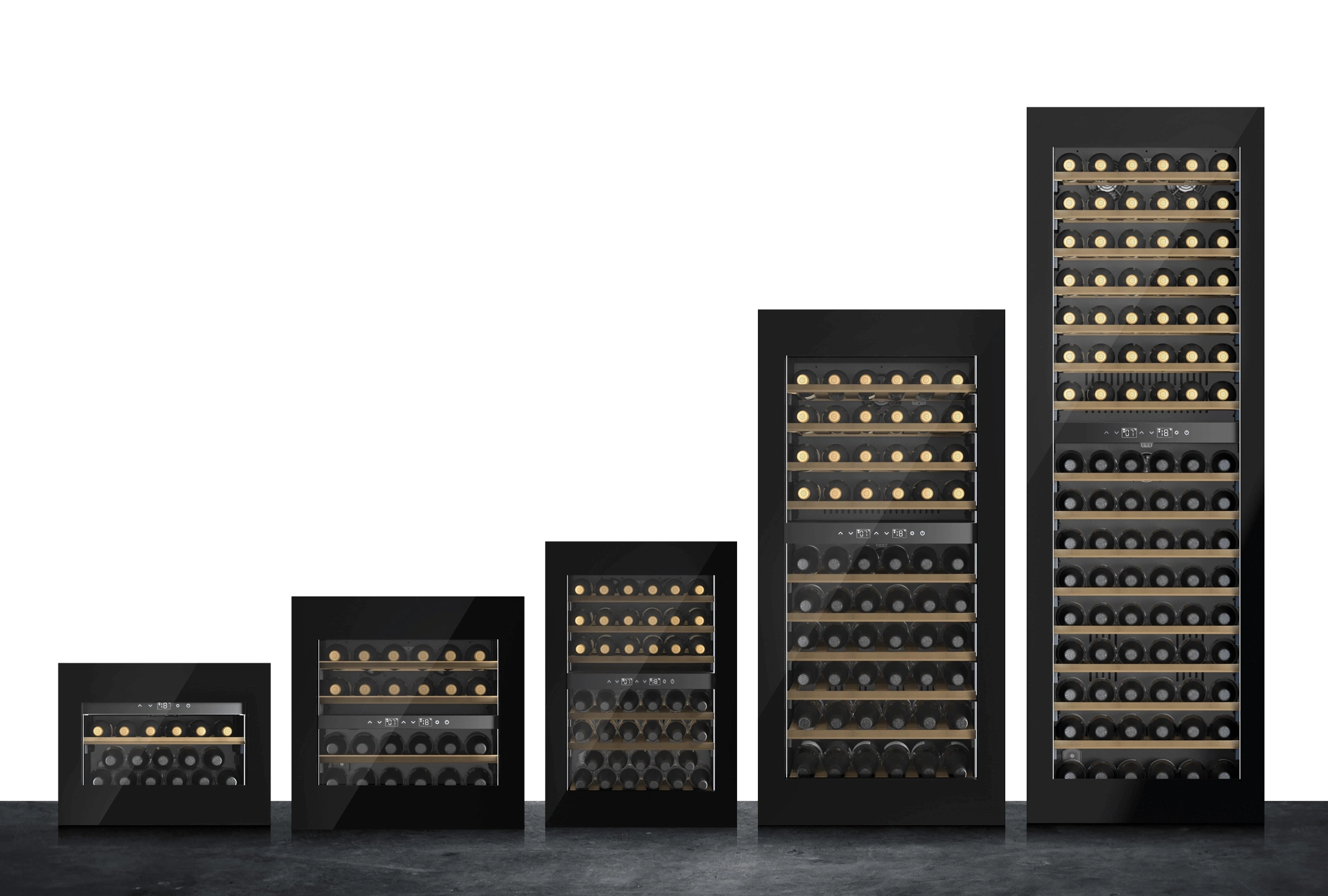Five wine refrigerators of different sizes, filled with wine bottles, lined up side by side.