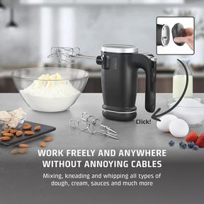 Hand mixer with baking ingredients: flour, eggs, milk, berries. Work freely and everywhere without annoying cable.