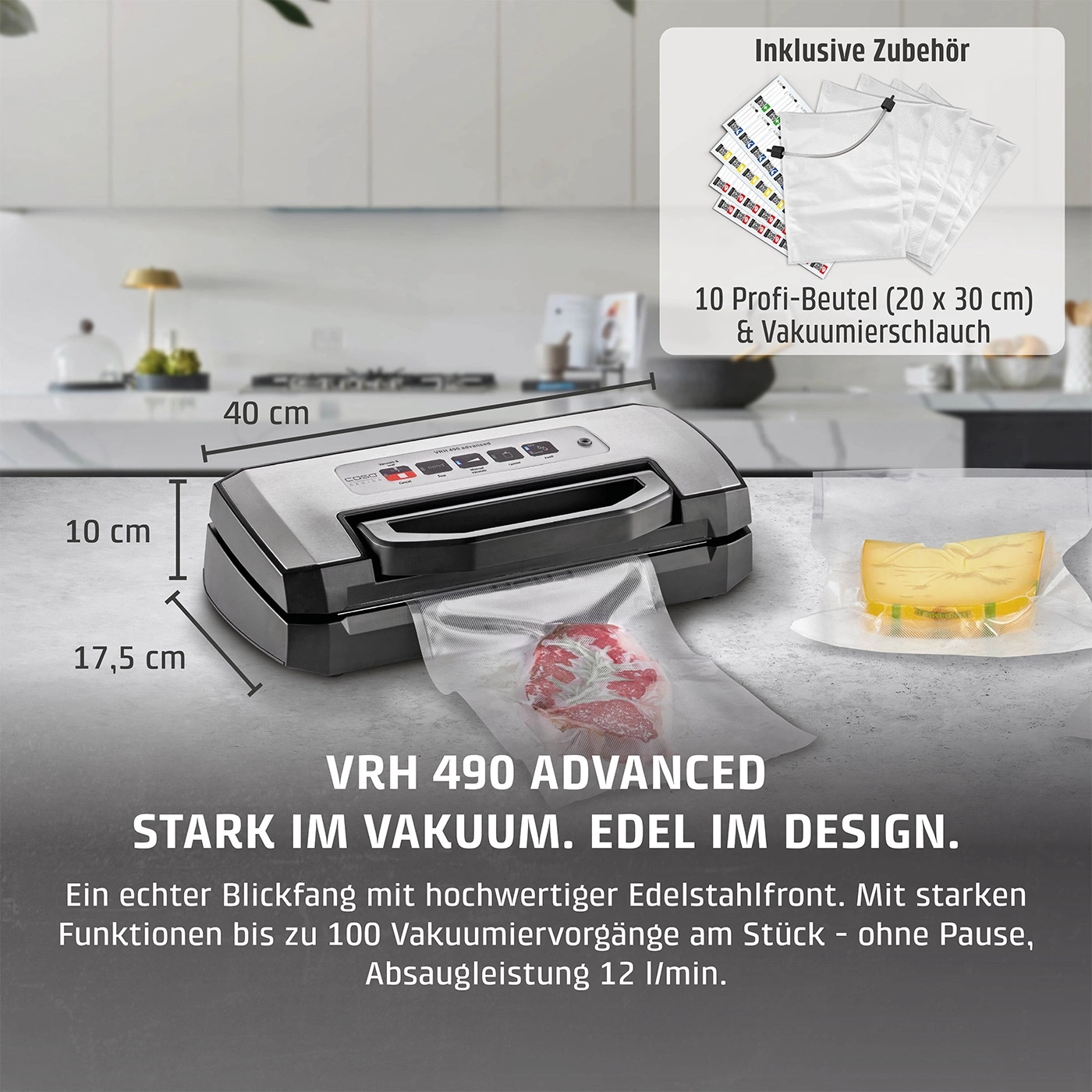Vakuumiergerät mit Zubehör, Abmessungen und Textbeschreibung.