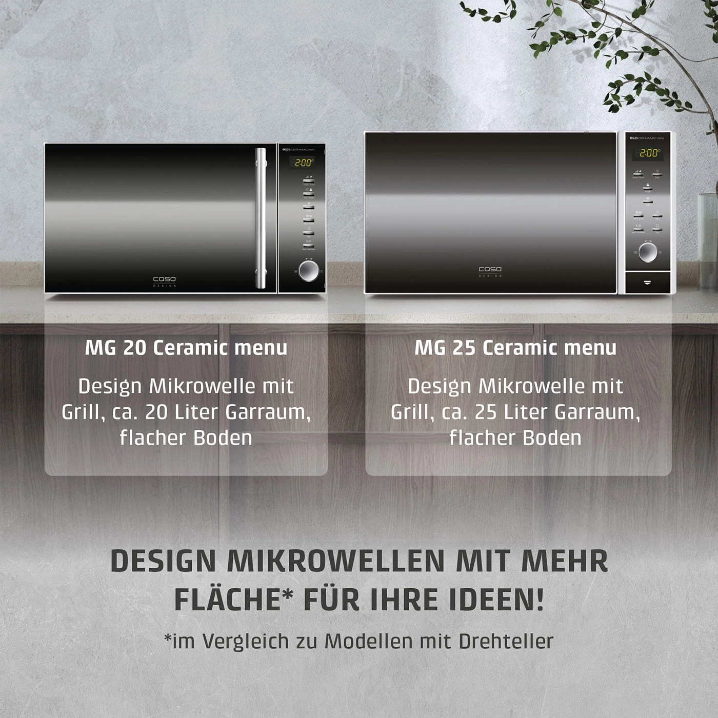Zwei Caso Design Mikrowellen, MG 20 und MG 25 Ceramic menu, auf einer Arbeitsplatte.