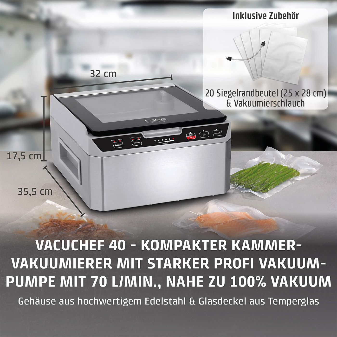 Vacuum sealer with accessories, 32 cm wide, 17.5 cm high, stainless steel.