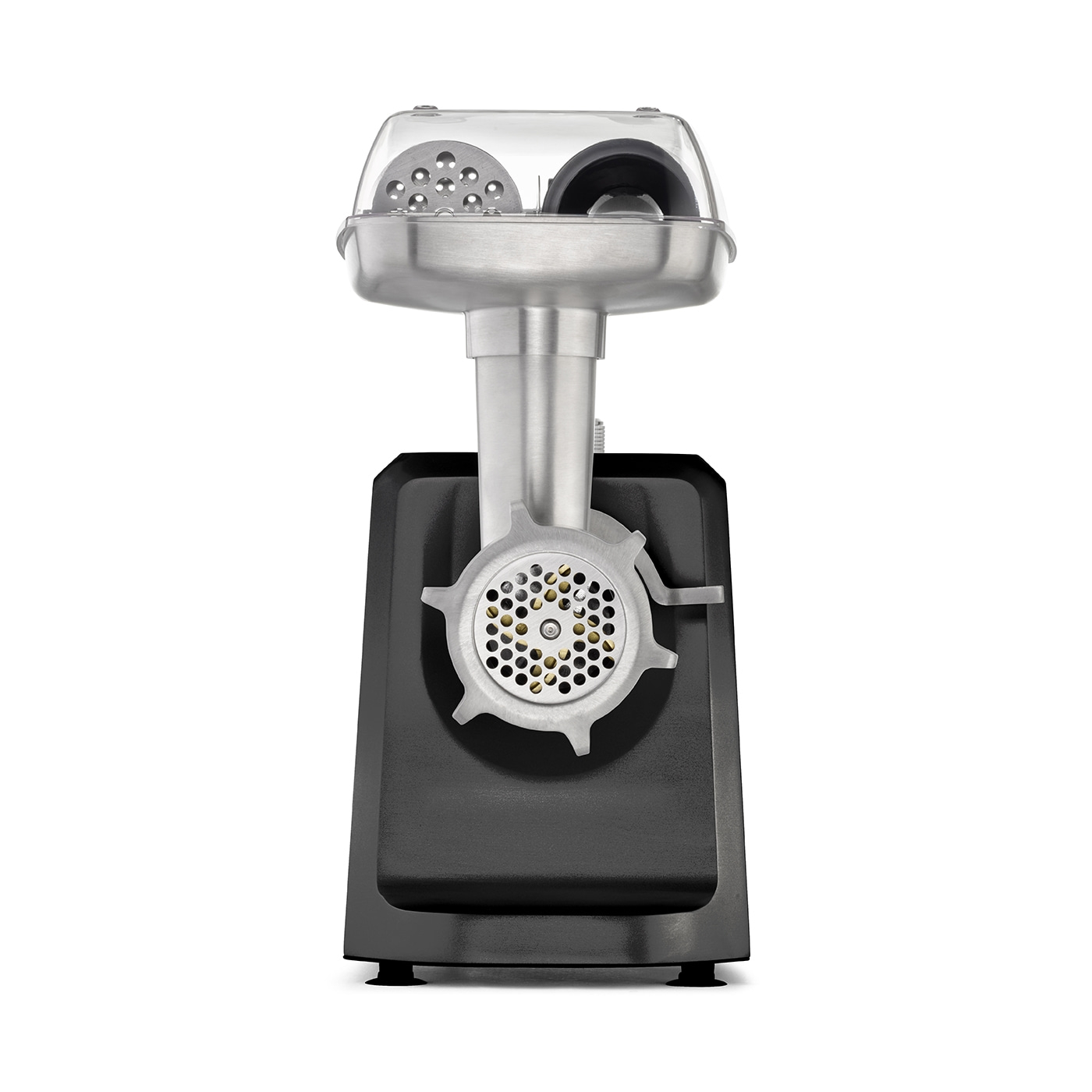 Meat grinder, stainless steel, transparent lid, black base, kitchen appliance, close-up