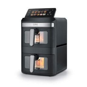 Dual air fryer with digital controls, viewing windows, and food presets.