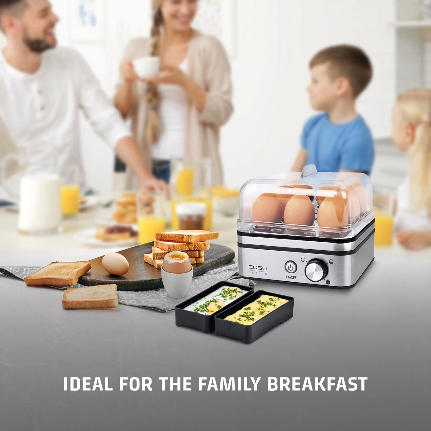An egg cooker with four eggs and toast for family breakfast.