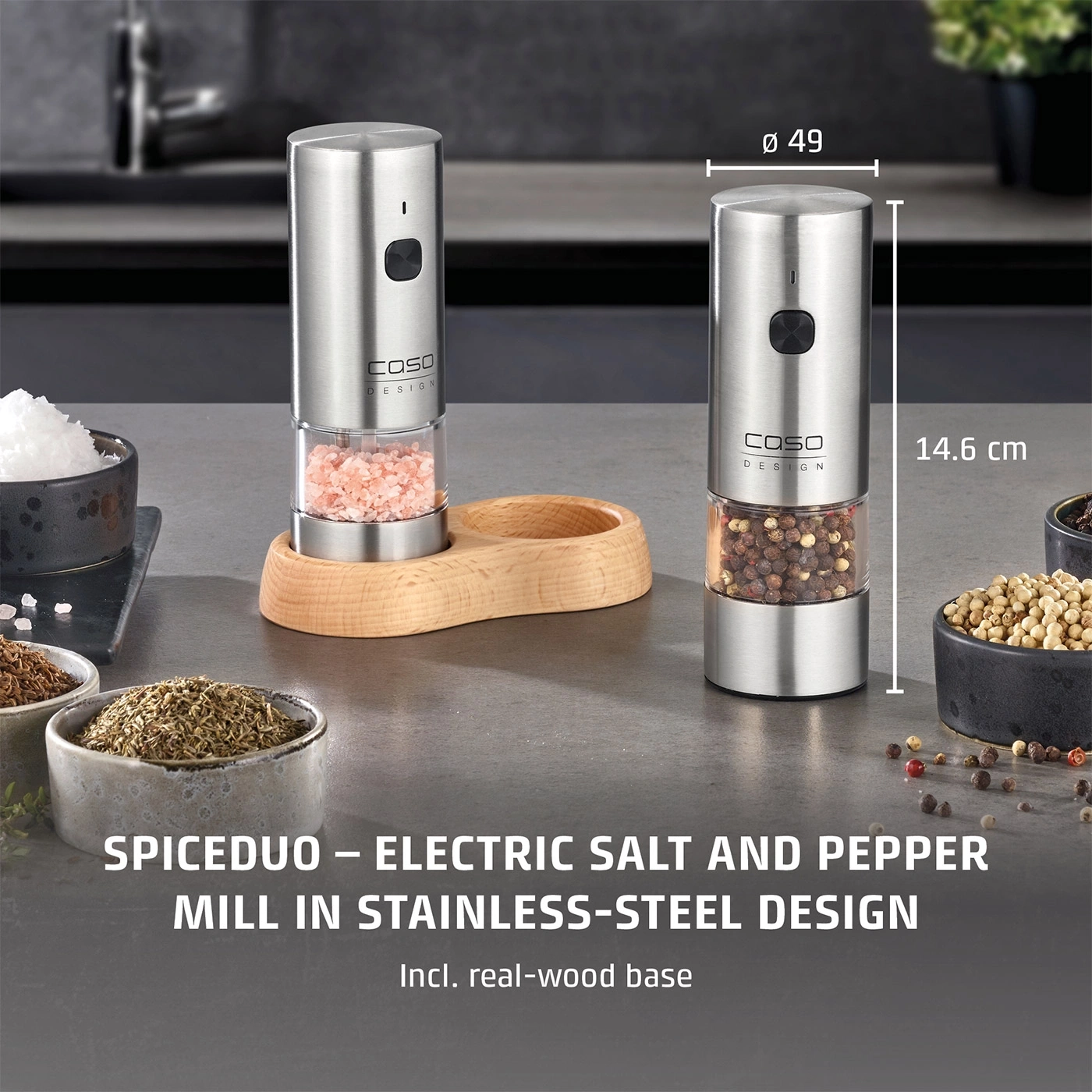 Electric salt and pepper mill in stainless steel design with wooden base