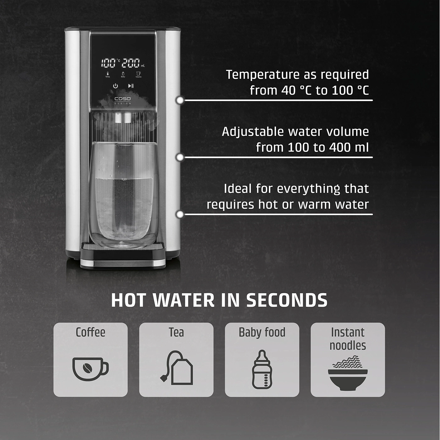 Hot water dispenser with temperature control and water volume adjustment for coffee, tea, baby food, and instant noodles.