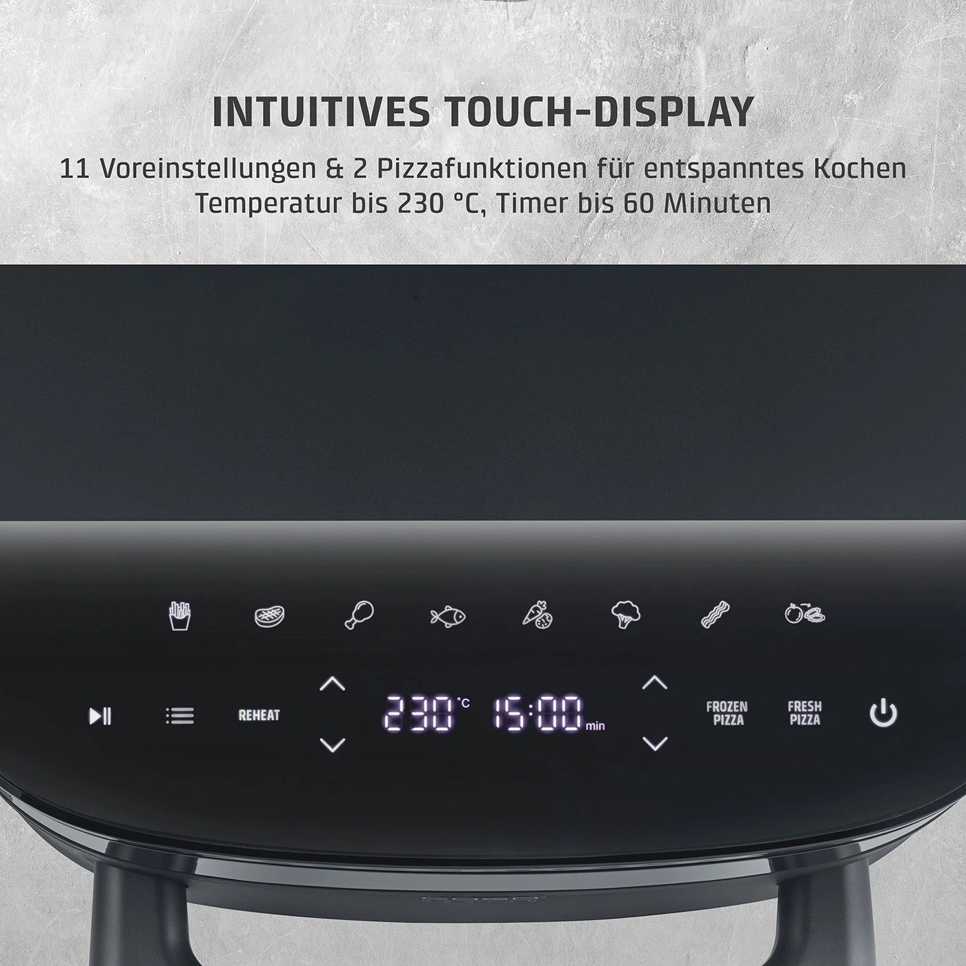 Ein Touch-Display mit verschiedenen Kochmodi und Einstellungen.