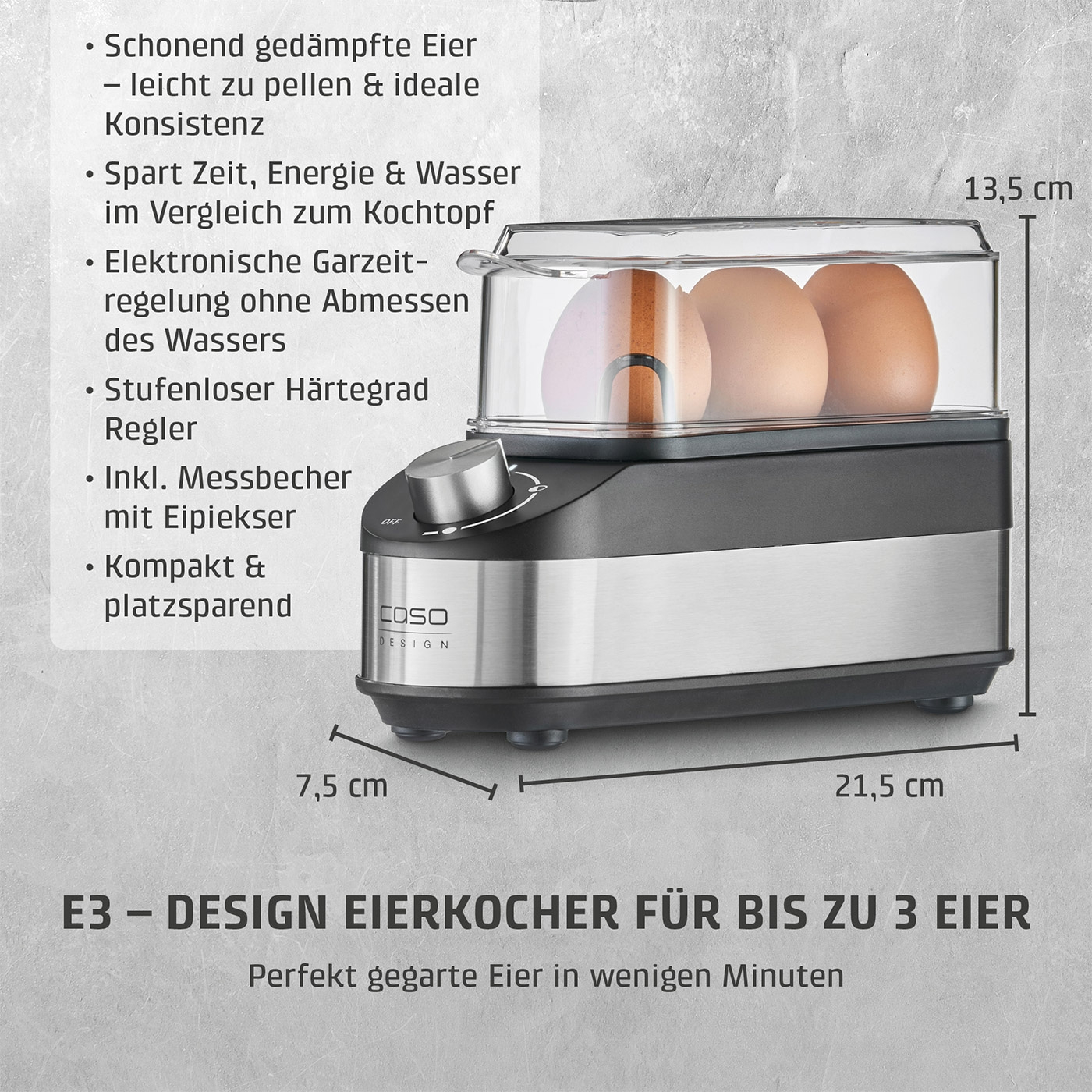 Ein Eierkocher für bis zu 3 Eier mit Messbecher und Eipieker.