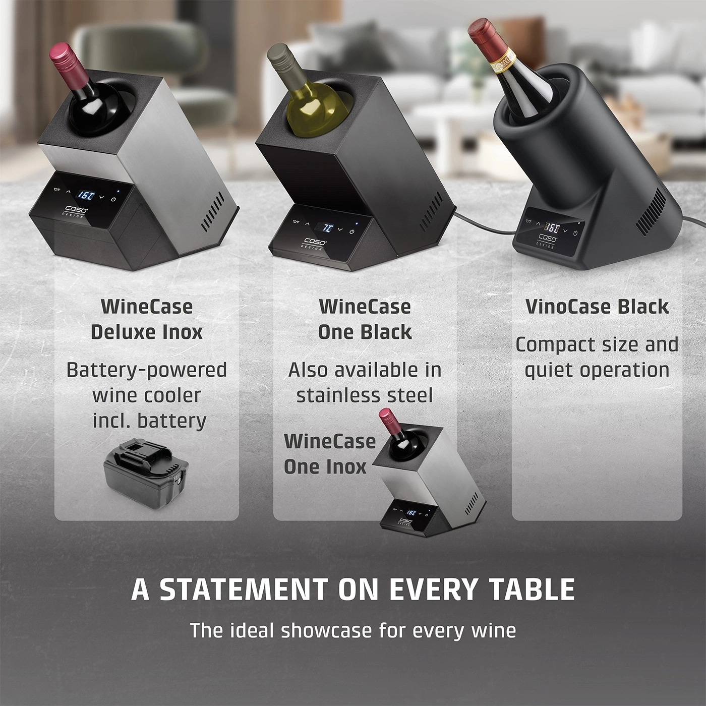 Wine cooler options: Deluxe Inox, One Black, VinoCase Black. Perfect for wine.