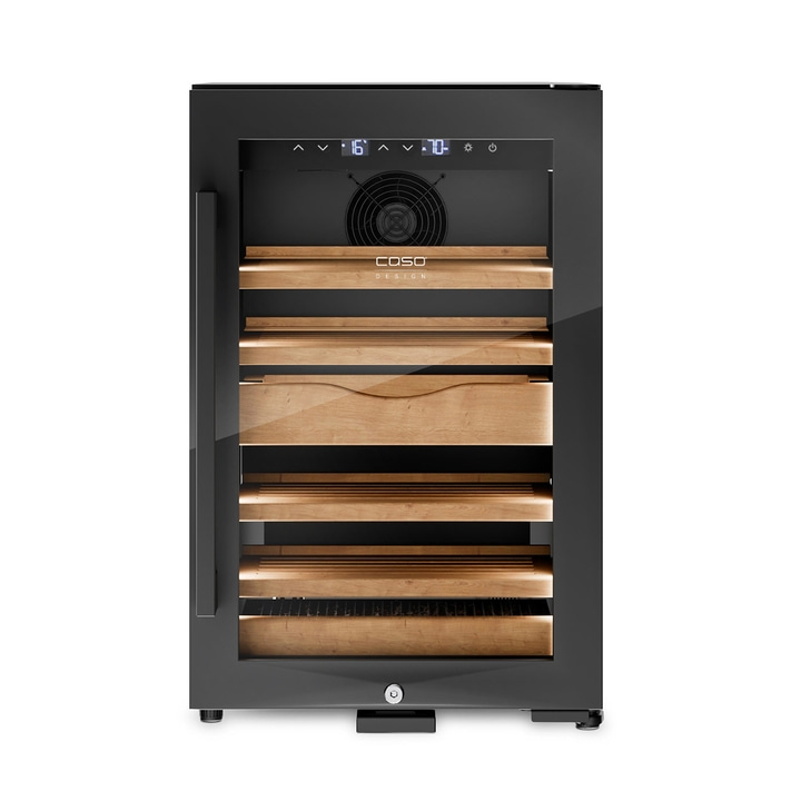 Black wine cooler with wooden shelves and digital display, COSO Design.