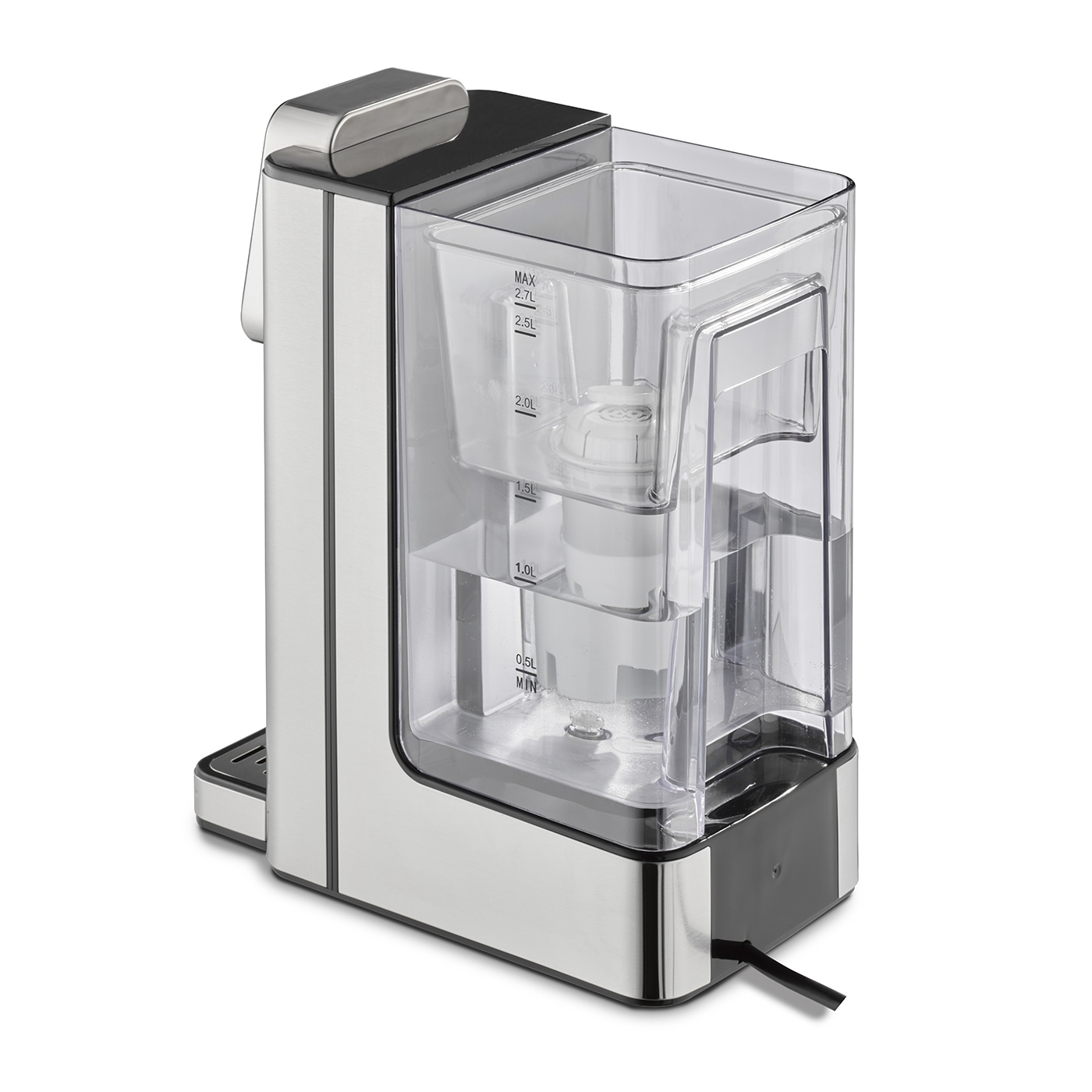 Water kettle with transparent water tank, silver body, and black base, with water level indicators