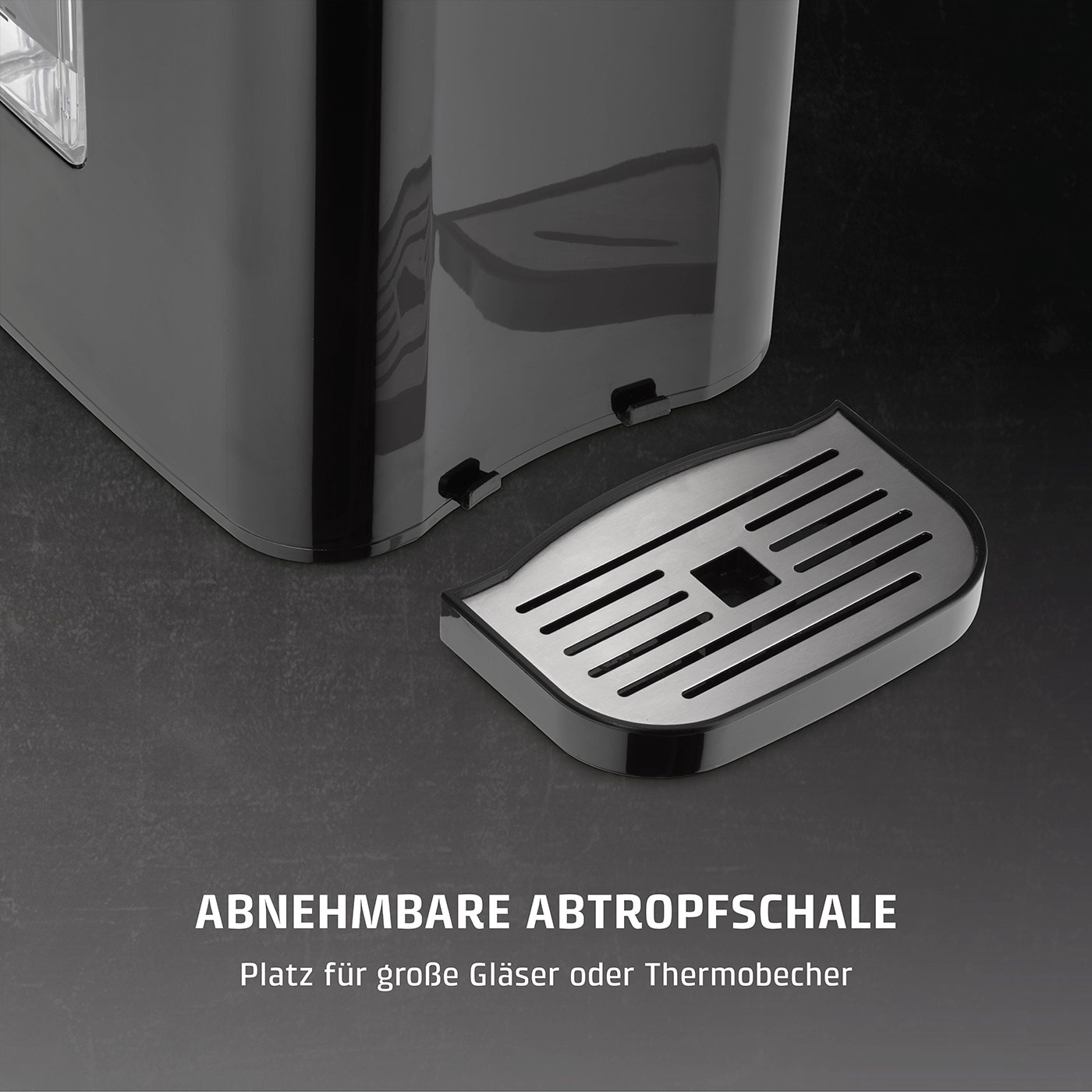 Abnehmbare Abtropfschale, Platz für Gläser oder Thermobecher. Schwarzes Gerät.